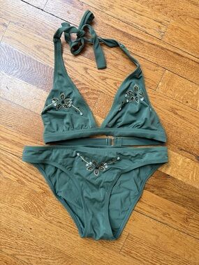 Xhilaration Olive Green Embellished Triangle Bikini Set